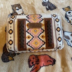 Wrangler Tan and Brown Clutch with Geometric Patterns
